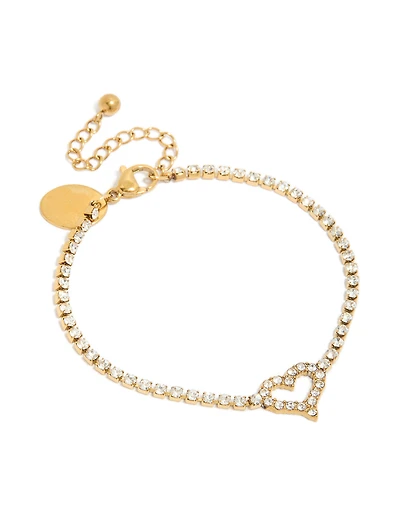 Tweens Gold Plated Stainless Steel Cubic Zirconia Heart Station Bracelet