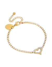 Tweens Gold Plated Stainless Steel Cubic Zirconia Heart Station Bracelet
