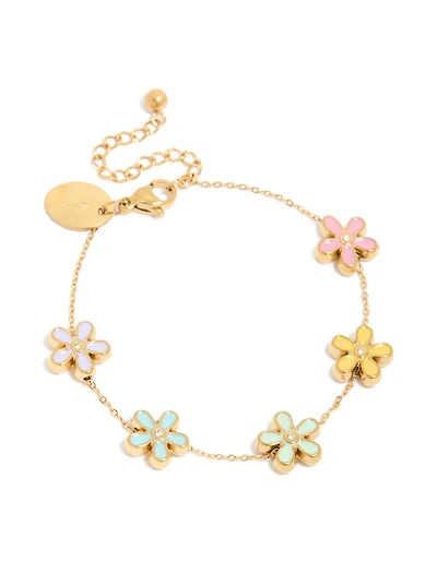 Bracelet tendance pour adolescentes en acier inoxydable plaqué or avec fleurs émaillées multicolores
