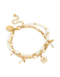 Tweens Gold Plated Stainless Steel Pearl & Flower Charm Layered Bracelet