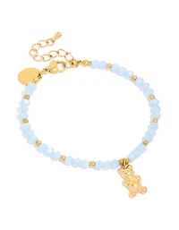 Tweens Gold Plated Stainless Steel Blue Facet Bead & Bear Charm Bracelet