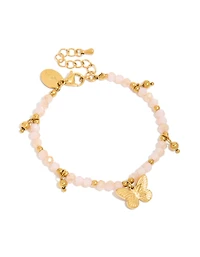 Tweens Gold  Plated Stainless Steel & Pink Facet Beaded Butterfly Charm Bracelet