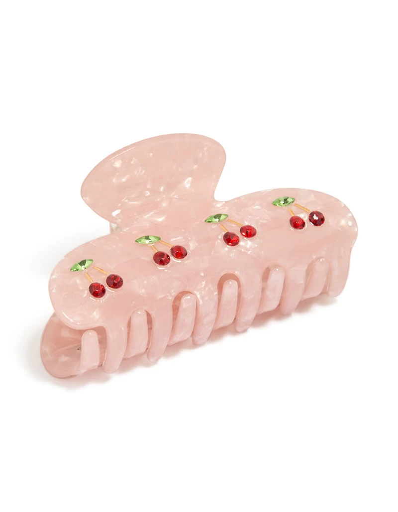 Tweens Pink Acrylic Cherry Gem Hair Claw Clip
