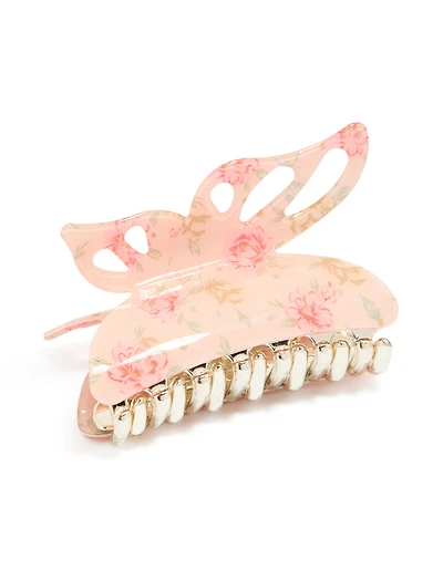 Tweens Acrylic Pink Floral Print Butterfly Claw Clip