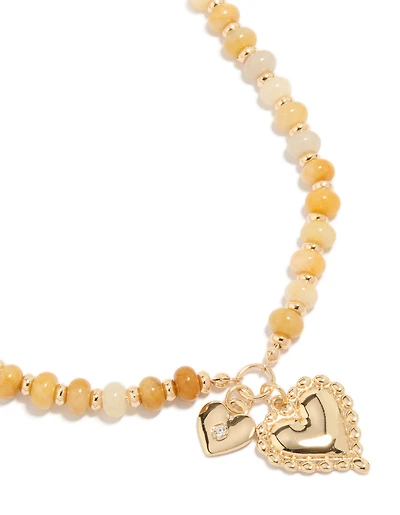 Gold Semi Precious Stone Beaded Duo Heart Necklace