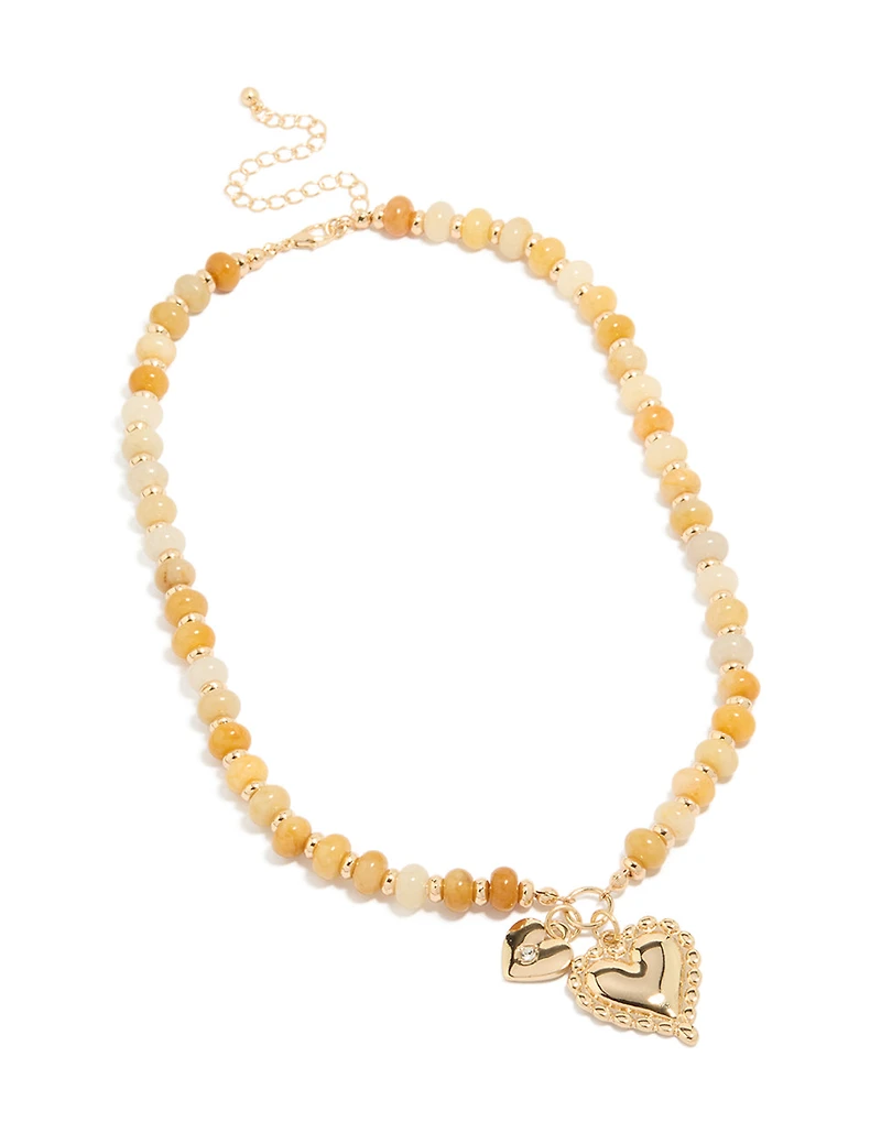 Gold Semi Precious Stone Beaded Duo Heart Necklace