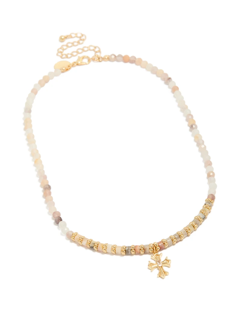 Gold Plated Semi Precious Stones Beaded Cross Necklace