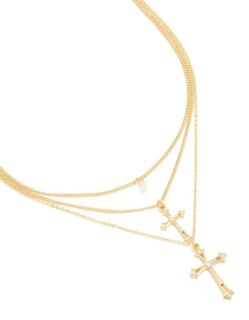 Gold Plated Cubic Zirconia & Cross Charms Layered Necklace
