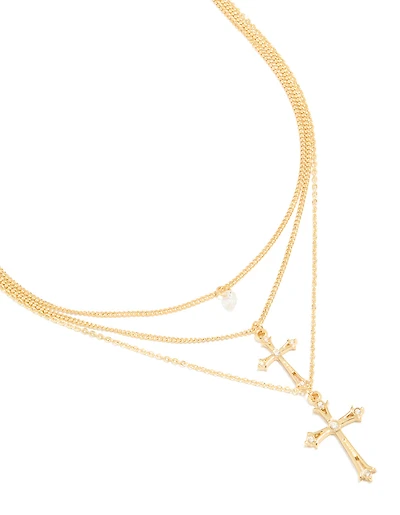 Gold Plated Cubic Zirconia & Cross Charms Layered Necklace