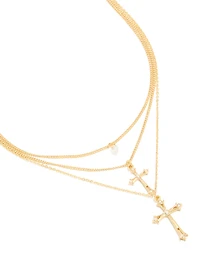 Gold Plated Cubic Zirconia & Cross Charms Layered Necklace