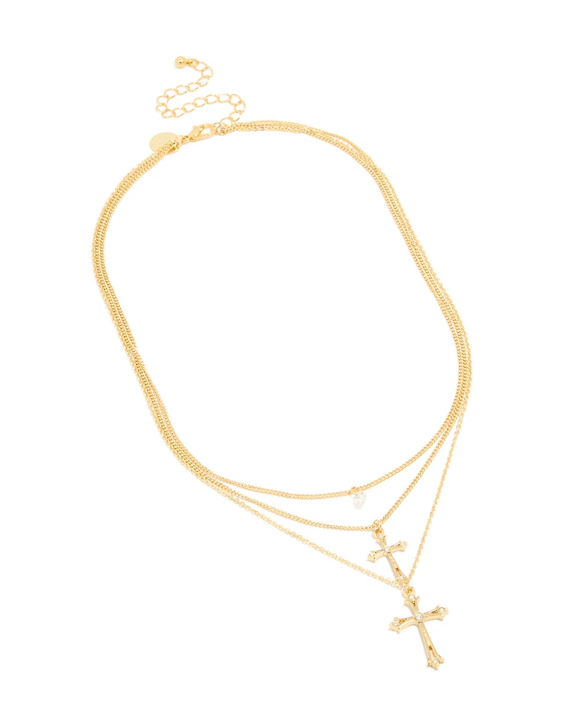 Collier à plusieurs rangs plaqué or avec zircon cubique et breloque croix