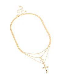 Collier à plusieurs rangs plaqué or avec zircon cubique et breloque croix