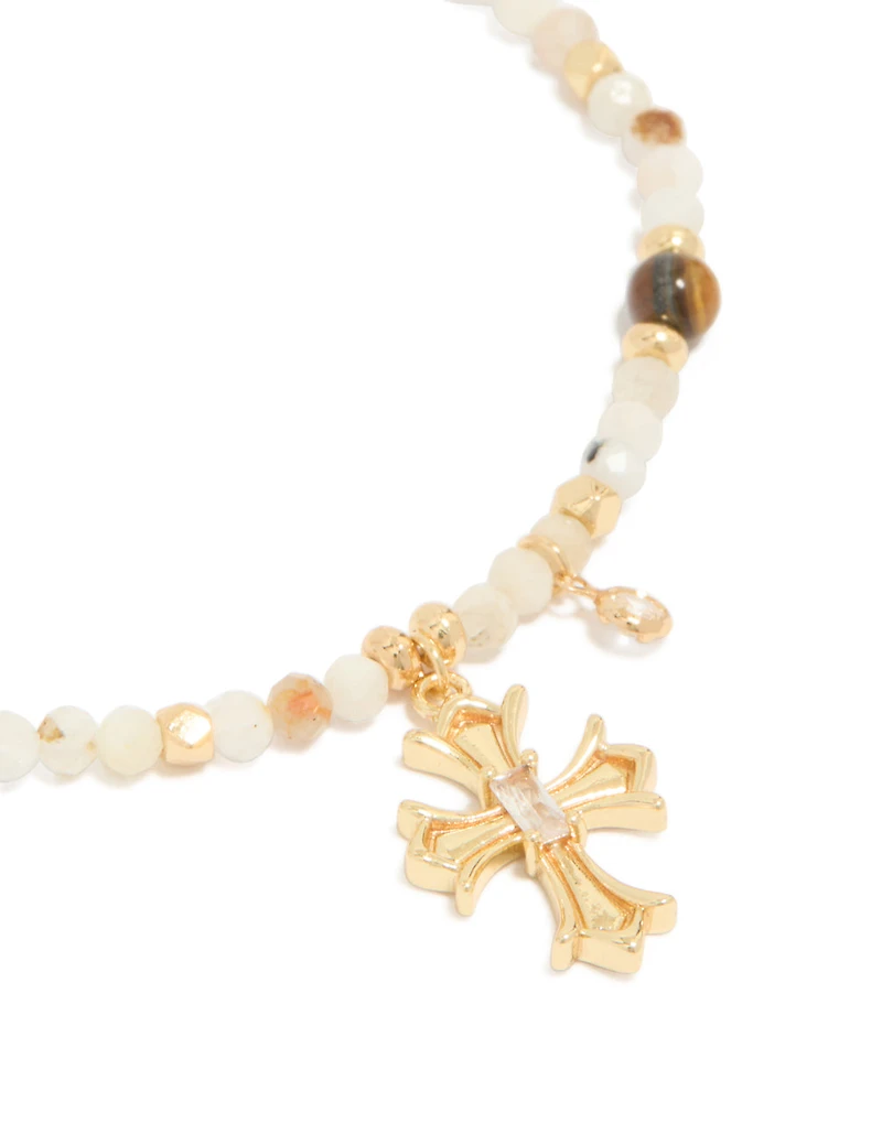 Gold Plated Beaded & Cubic Zirconia Cross Bracelet