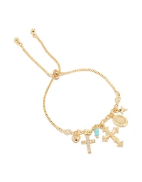 Gold Plated Cubic Zirconia Cross  & Heart Charms Toggle Bracelet