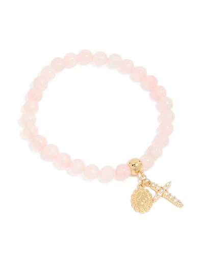 Gold Plated Cubic Zirconia Mary Cross Rose Quartx Semi Precious Stone Beaded Bracelet