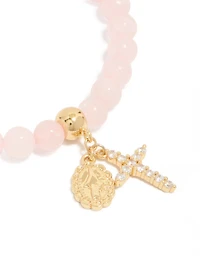 Gold Plated Cubic Zirconia Mary Cross Rose Quartx Semi Precious Stone Beaded Bracelet