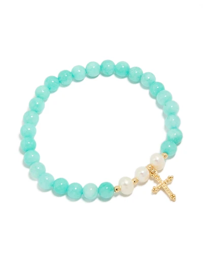 Gold Plated Teal Beaded & Freshwater Pearl Cross Stretch Bracelet