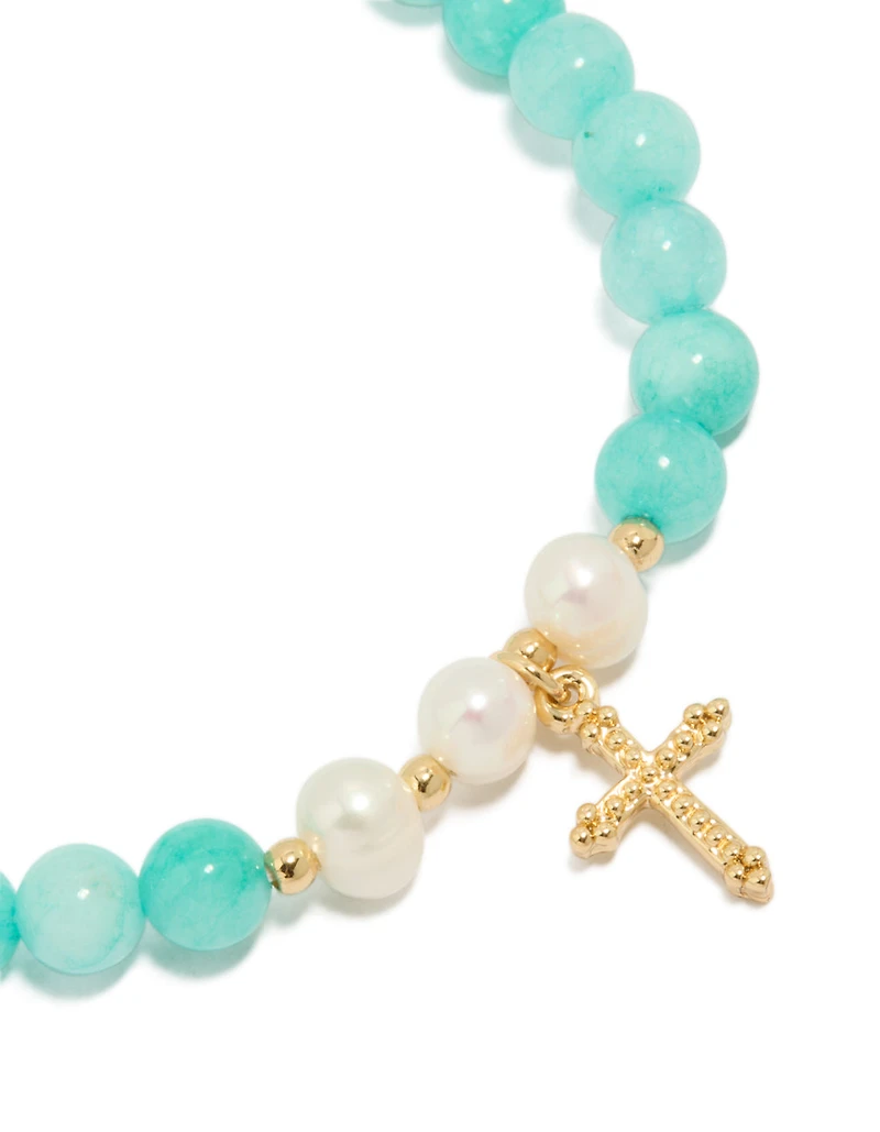Gold Plated Teal Beaded & Freshwater Pearl Cross Stretch Bracelet