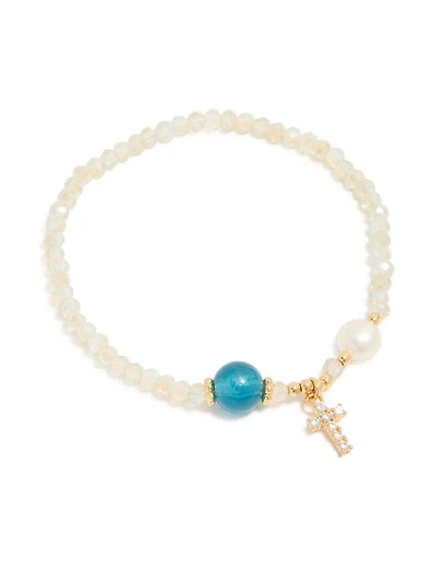 Gold Plated Cubic Zirconia & Freshwater Pearl Dainty Cross Beaded Bracelet