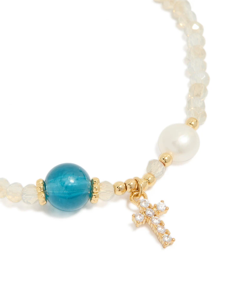 Gold Plated Cubic Zirconia & Freshwater Pearl Dainty Cross Beaded Bracelet