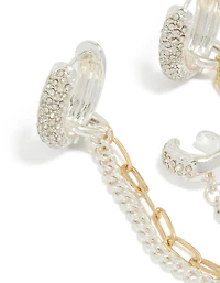 Boucles d'oreilles créoles à chaînes multiples et manchettes en métal plaqué diamant et strass