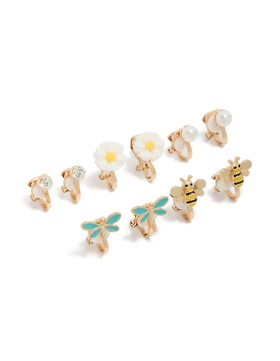 Boucles d'oreilles à clip pour enfants, abeille et libellule dorées, lot de 5