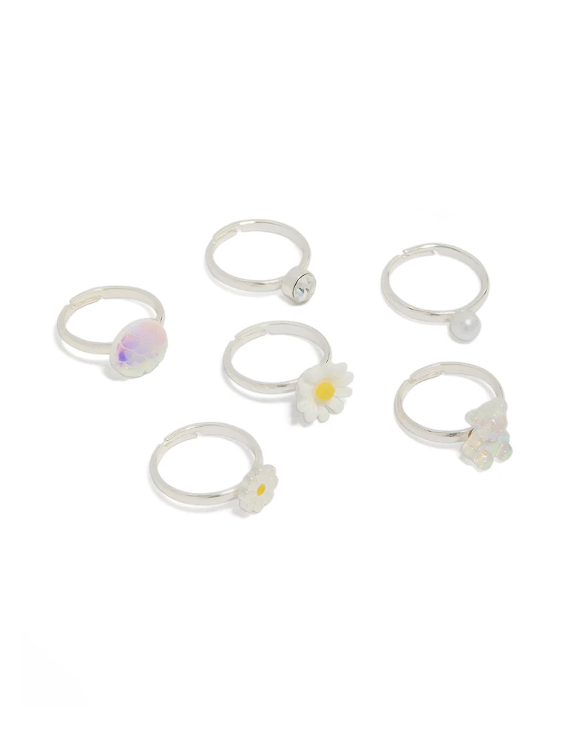 Kids Silver Bear & Daisy Rings 6-Pack