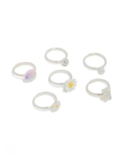 Kids Silver Bear & Daisy Rings 6-Pack