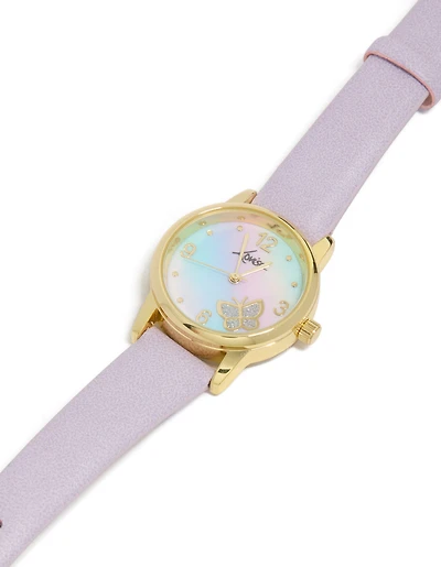 Kids Gold Purple PU Leather Ombre Butterfly Watch