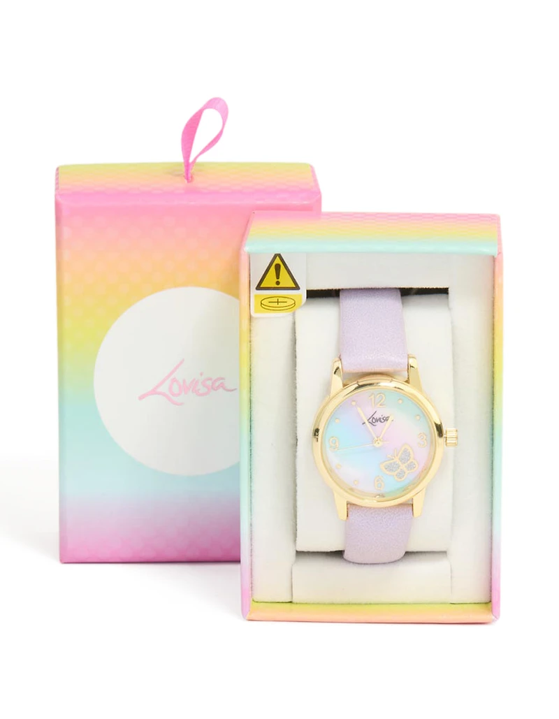 Kids Gold Purple PU Leather Ombre Butterfly Watch