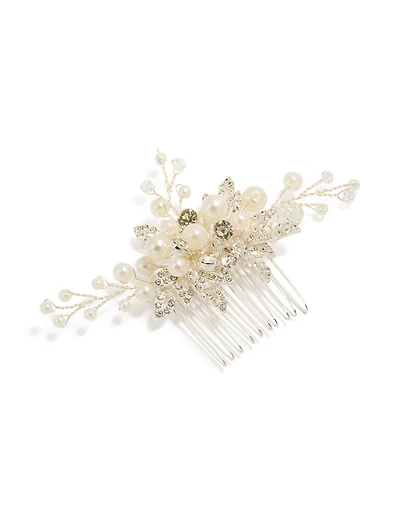 Silver Pearl & Diamante Leaf Comb