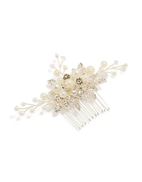 Silver Pearl & Diamante Leaf Comb