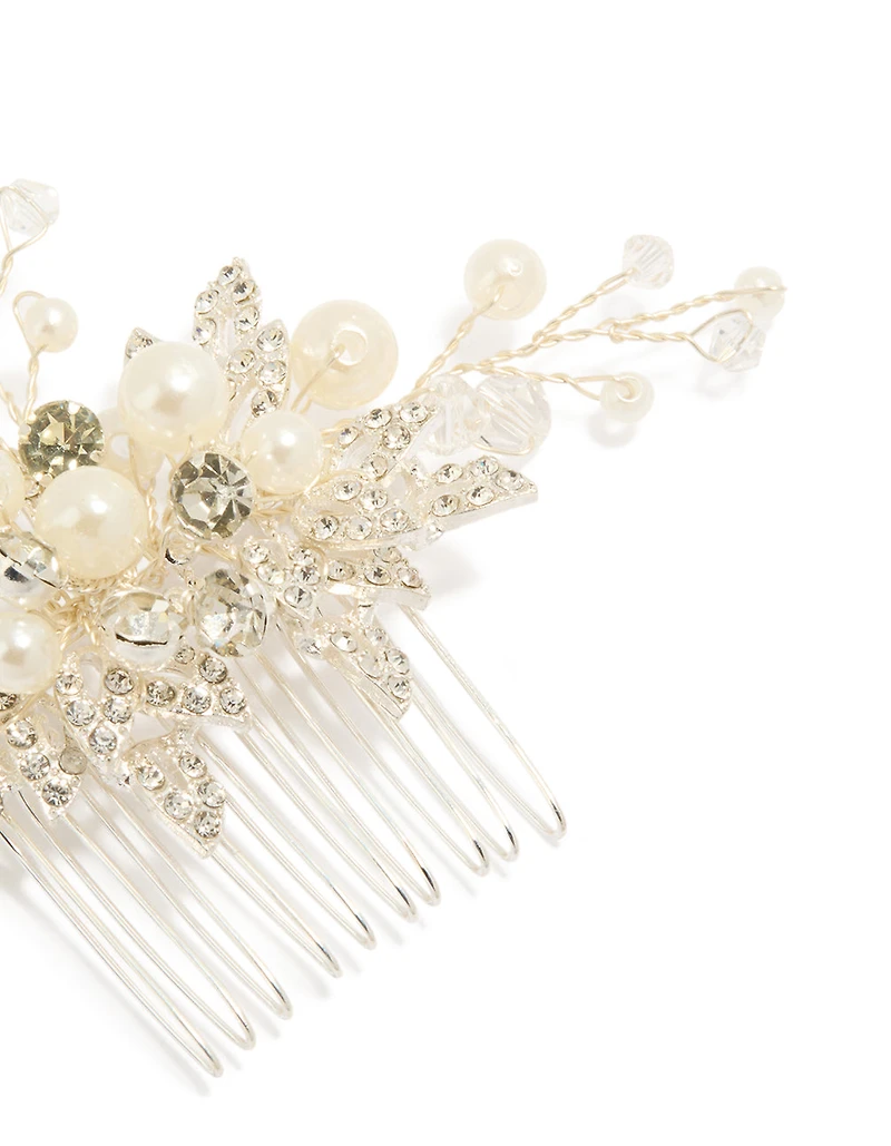 Silver Pearl & Diamante Leaf Comb