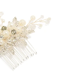 Silver Pearl & Diamante Leaf Comb