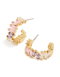 Gold Plated Pink & Purple Cubic Zirconia Baguette Hoop Earrings
