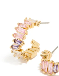 Gold Plated Pink & Purple Cubic Zirconia Baguette Hoop Earrings