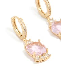Gold Pink Cubic Zirconia Square Huggie Earrings