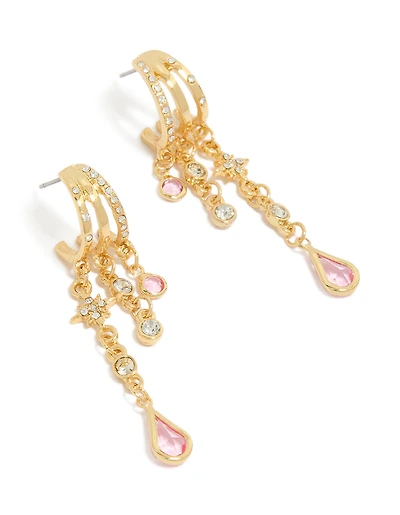 Gold Plated Pink Cubic Zirconia Chain Drop Earrings