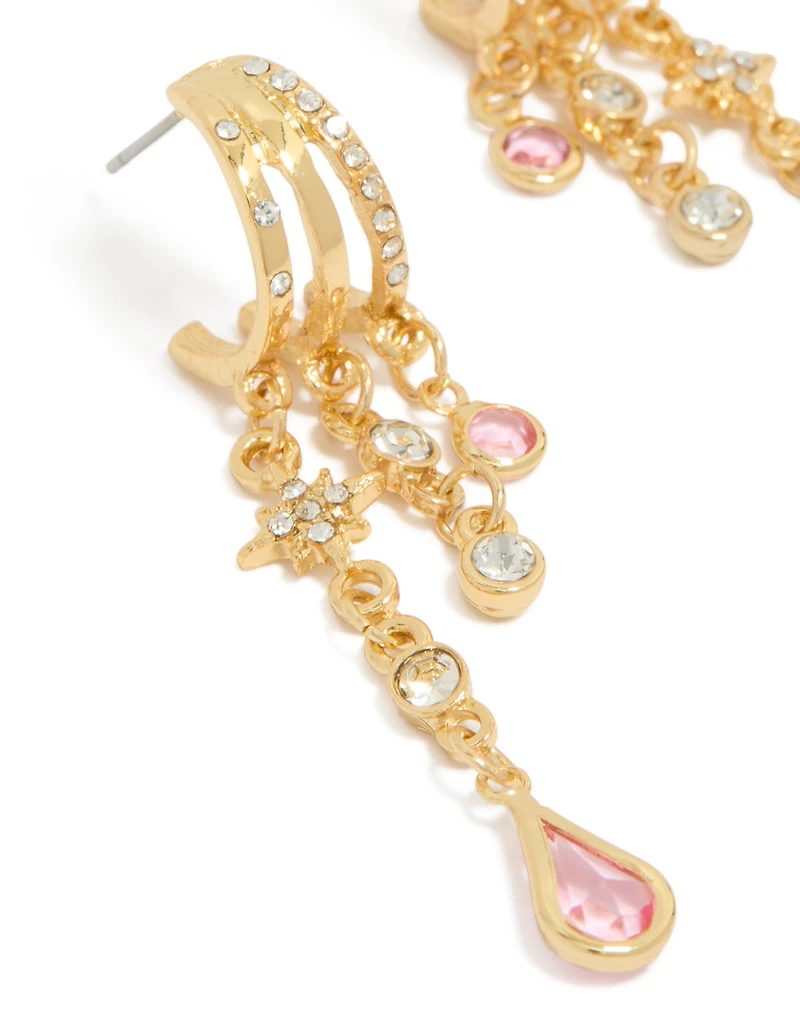 Gold Plated Pink Cubic Zirconia Chain Drop Earrings