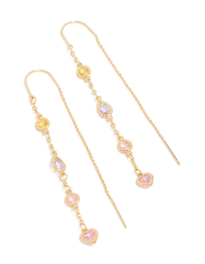 Gold Plated Pink Yellow & Purple Cubic Zirconia Threader Earrings