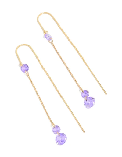 Gold Plated Purple Cubic Zirconia Drop Thread Through Hook Earrings