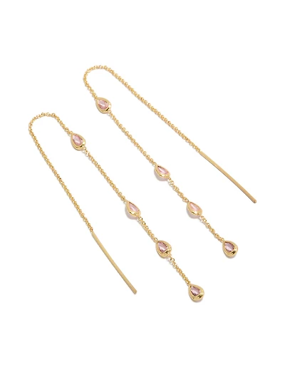 Gold Plated Pear  Pink Diamante Station Threader Earrings