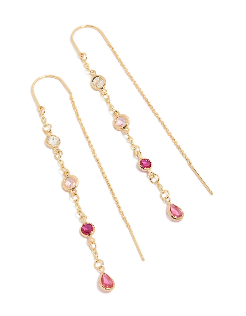 Gold Plated Pink & Clear Cubic Zirconia Thread Through Drop Earrings