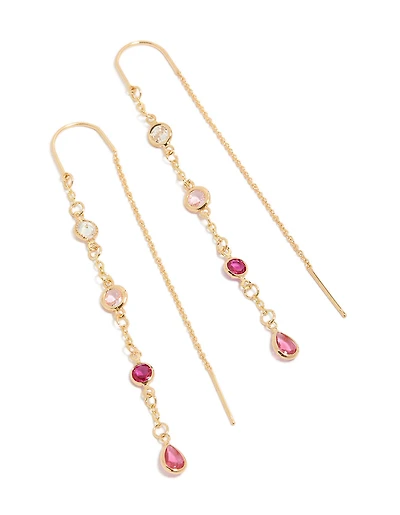 Gold Plated Pink & Clear Cubic Zirconia Thread Through Drop Earrings