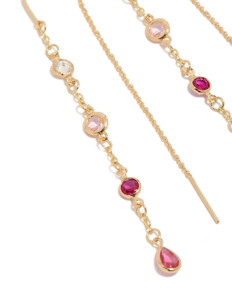 Gold Plated Pink & Clear Cubic Zirconia Thread Through Drop Earrings
