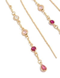 Gold Plated Pink & Clear Cubic Zirconia Thread Through Drop Earrings