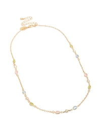Gold Plated Pink Blue & Green Cubic Zirconia Ovals Necklace