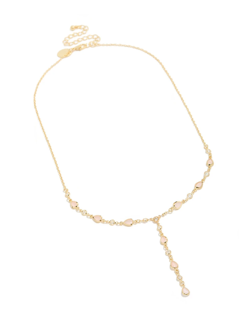 Gold Plated Pink Oval Cubic Zirconias Y-Necklace