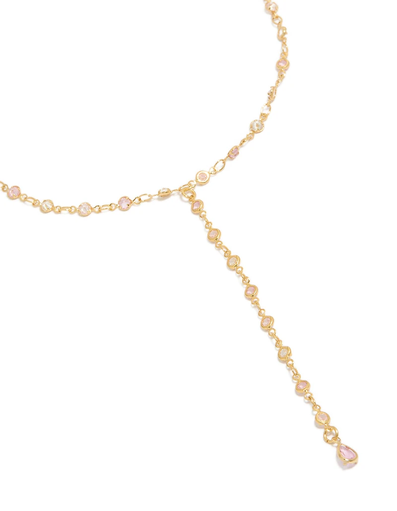 Gold Plated Pink & Clear Cubic Zirconia Circles Y-Necklace