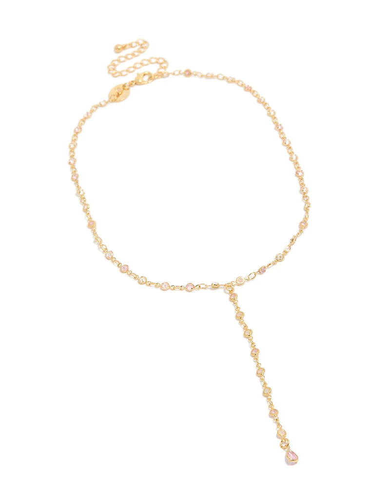 Gold Plated Pink & Clear Cubic Zirconia Circles Y-Necklace